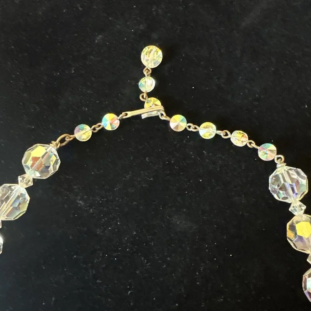 Vtg Crystal Necklace Aurora Borealis‎ Adjustable 3 1/4” Beads 16” Collectible